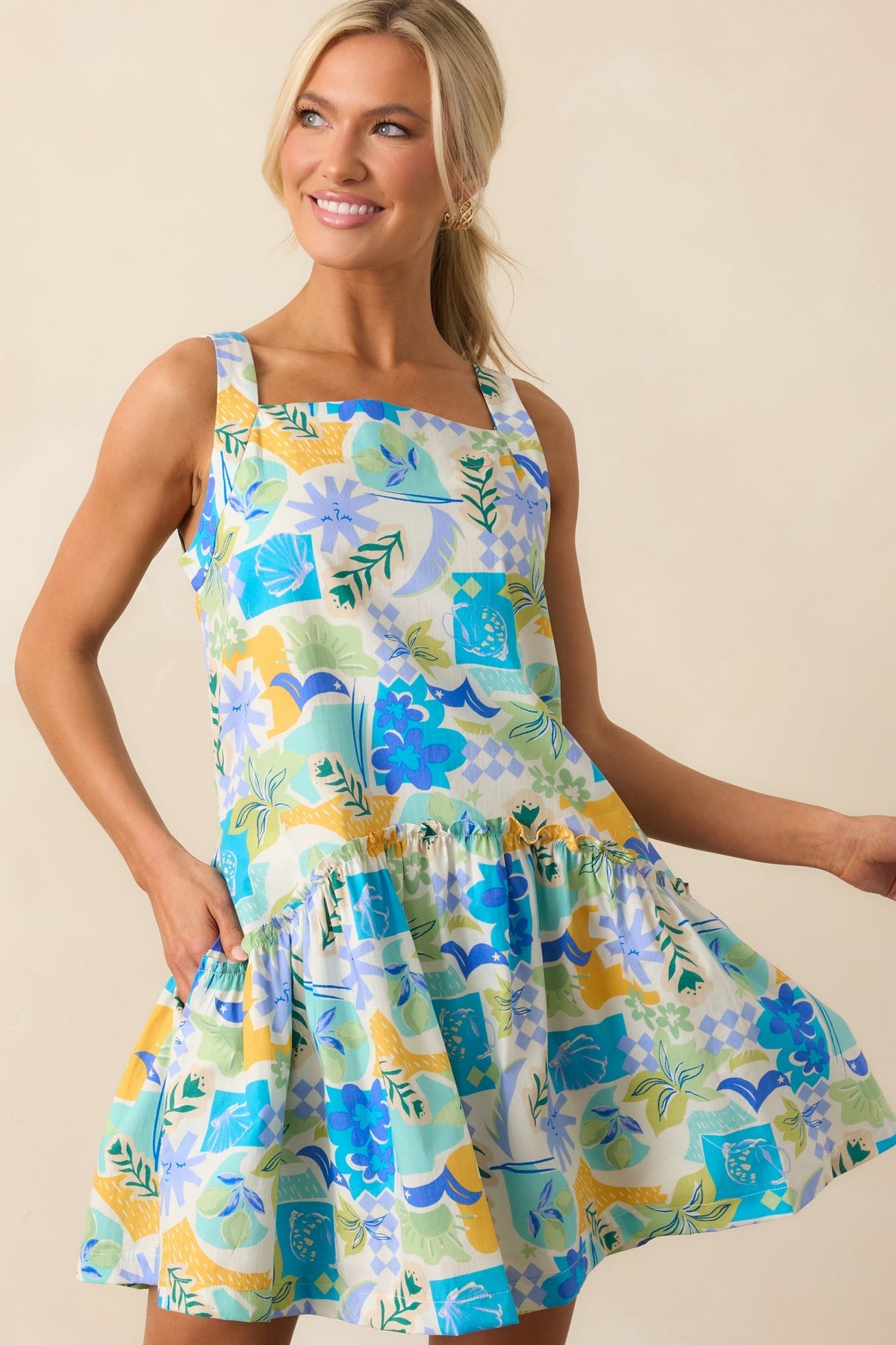 Roll With It Blue Tropical Print Cotton Drop Waist Mini Dress