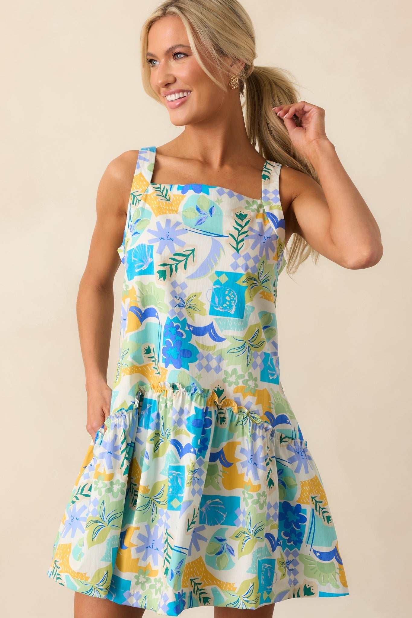 Roll With It Blue Tropical Print Cotton Drop Waist Mini Dress