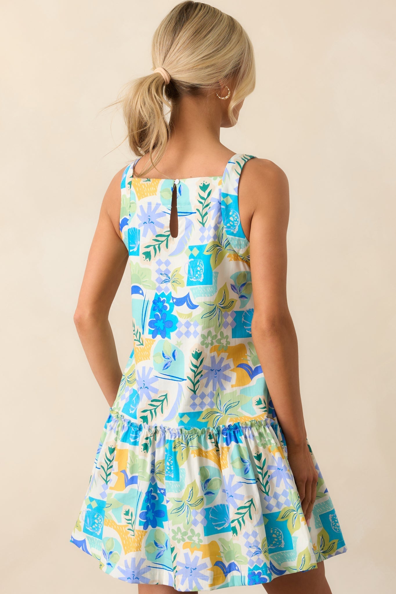 Roll With It Blue Tropical Print Cotton Drop Waist Mini Dress