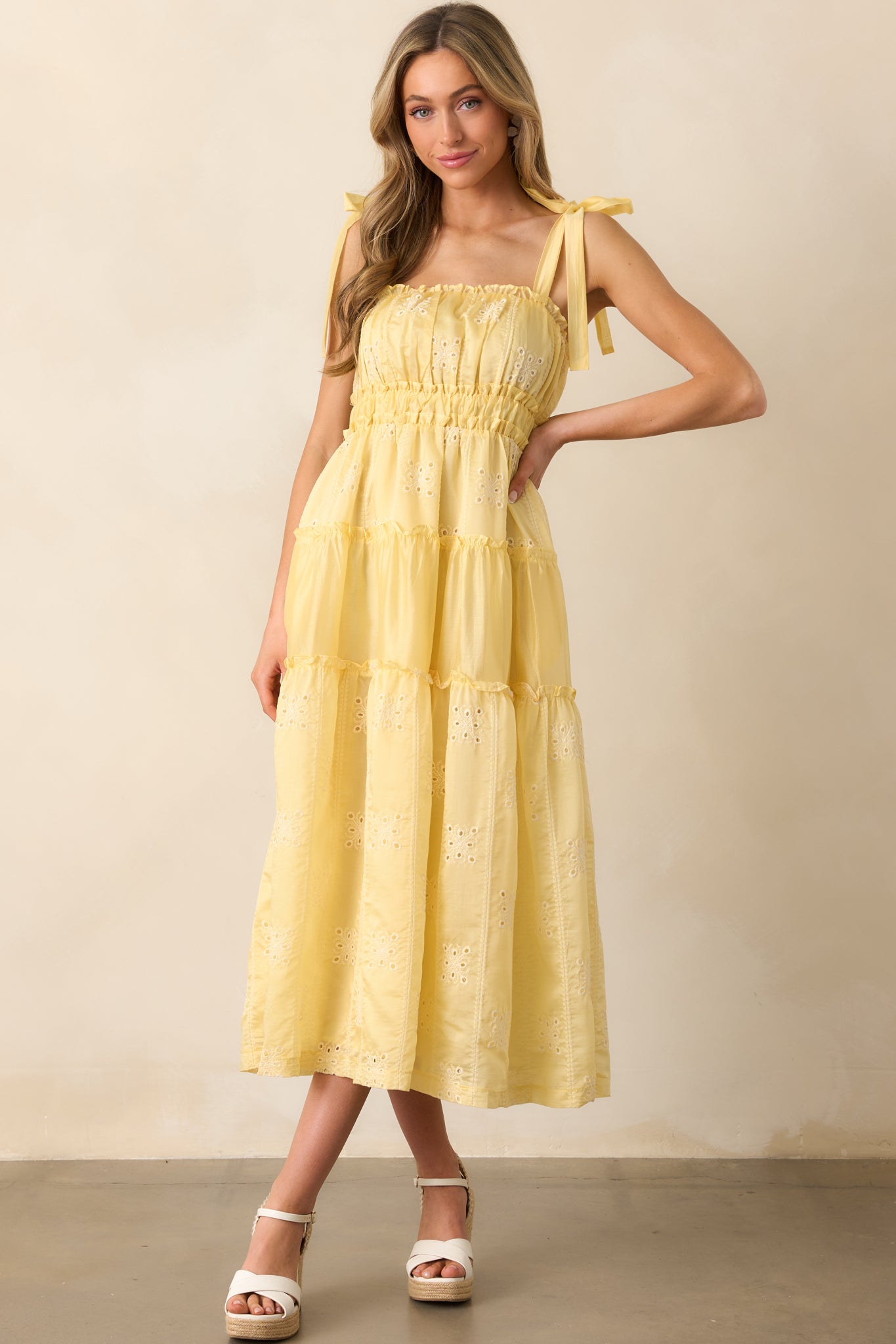 My Happy Place Yellow Embroidered Eyelet Midi Dress