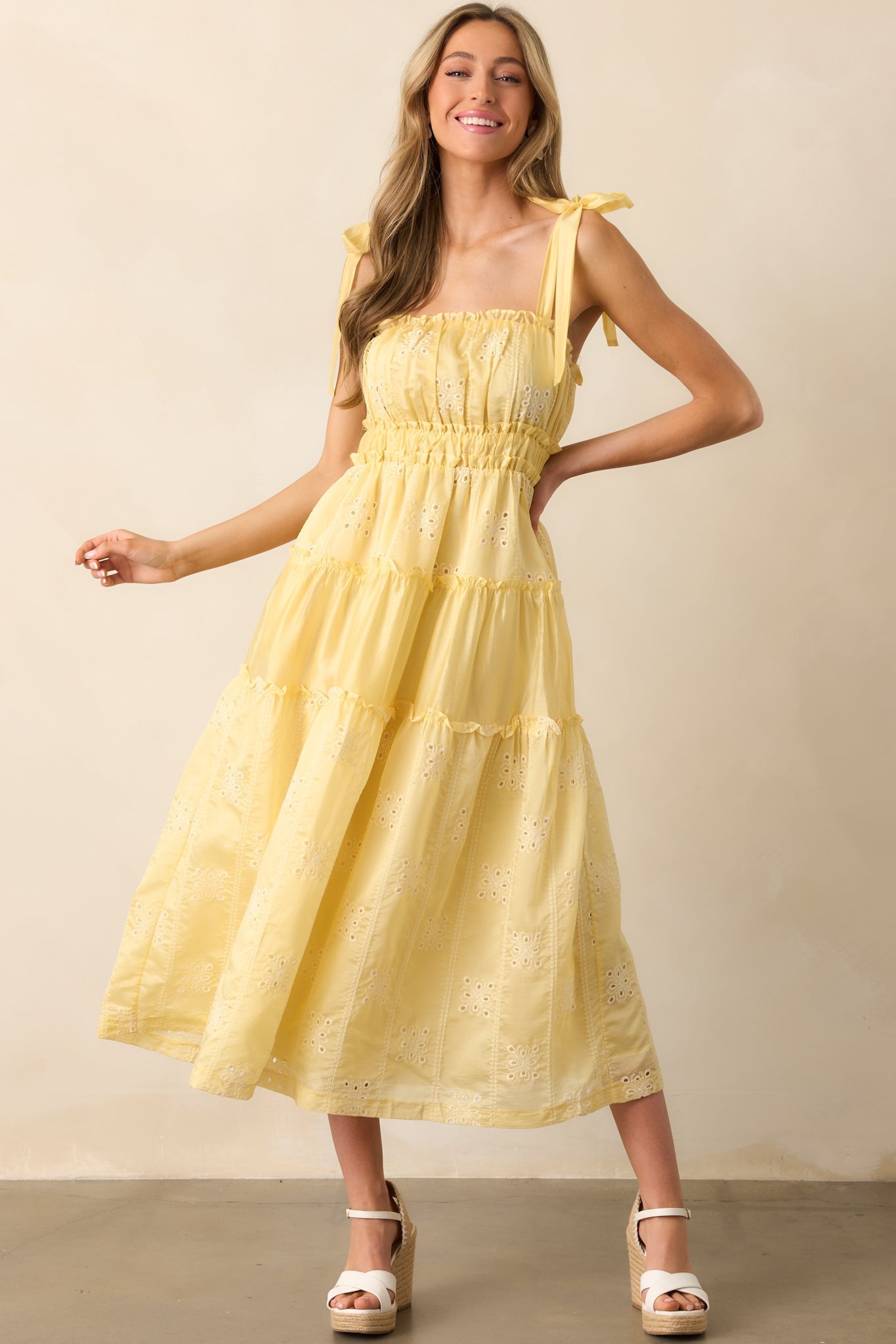 My Happy Place Yellow Embroidered Eyelet Midi Dress