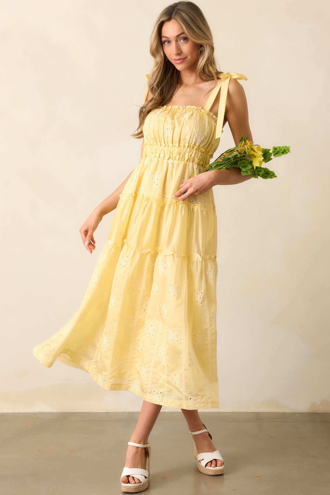 My Happy Place Yellow Embroidered Eyelet Midi Dress