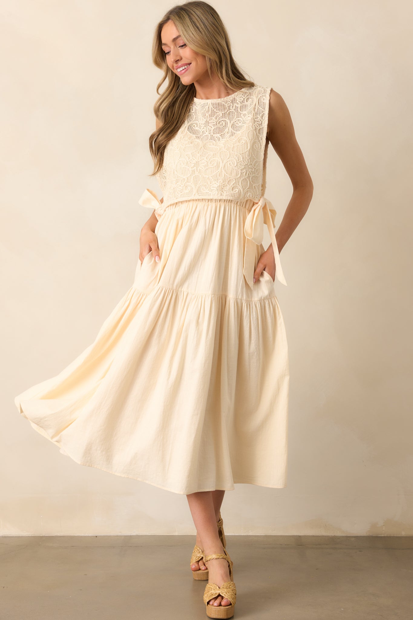 Everything & More Natural Cotton Crochet Bodice Midi Dress