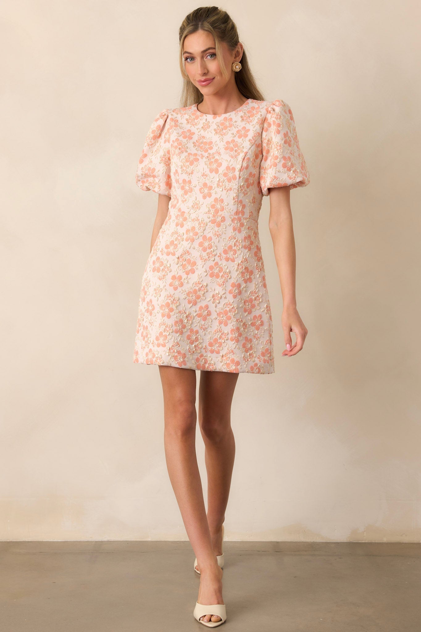 Little Luxuries Apricot Jacquard Floral Mini Dress