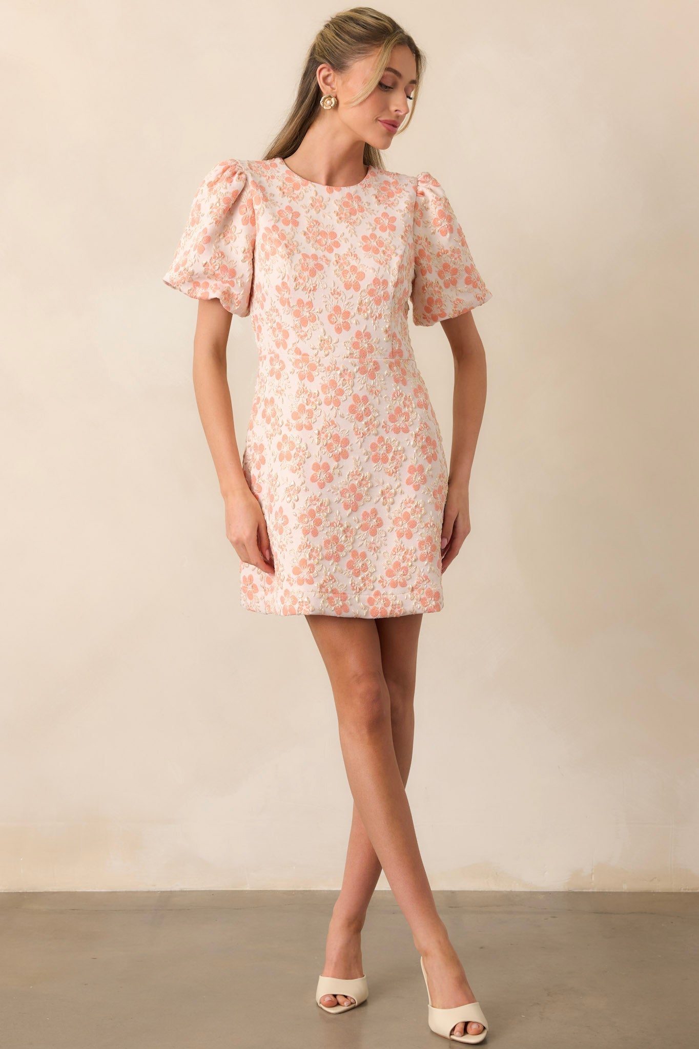 Little Luxuries Apricot Jacquard Floral Mini Dress