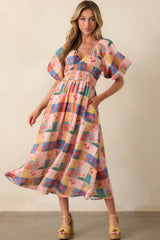 You're Right On Time Blush Pink Floral Plaid Maxi Dress