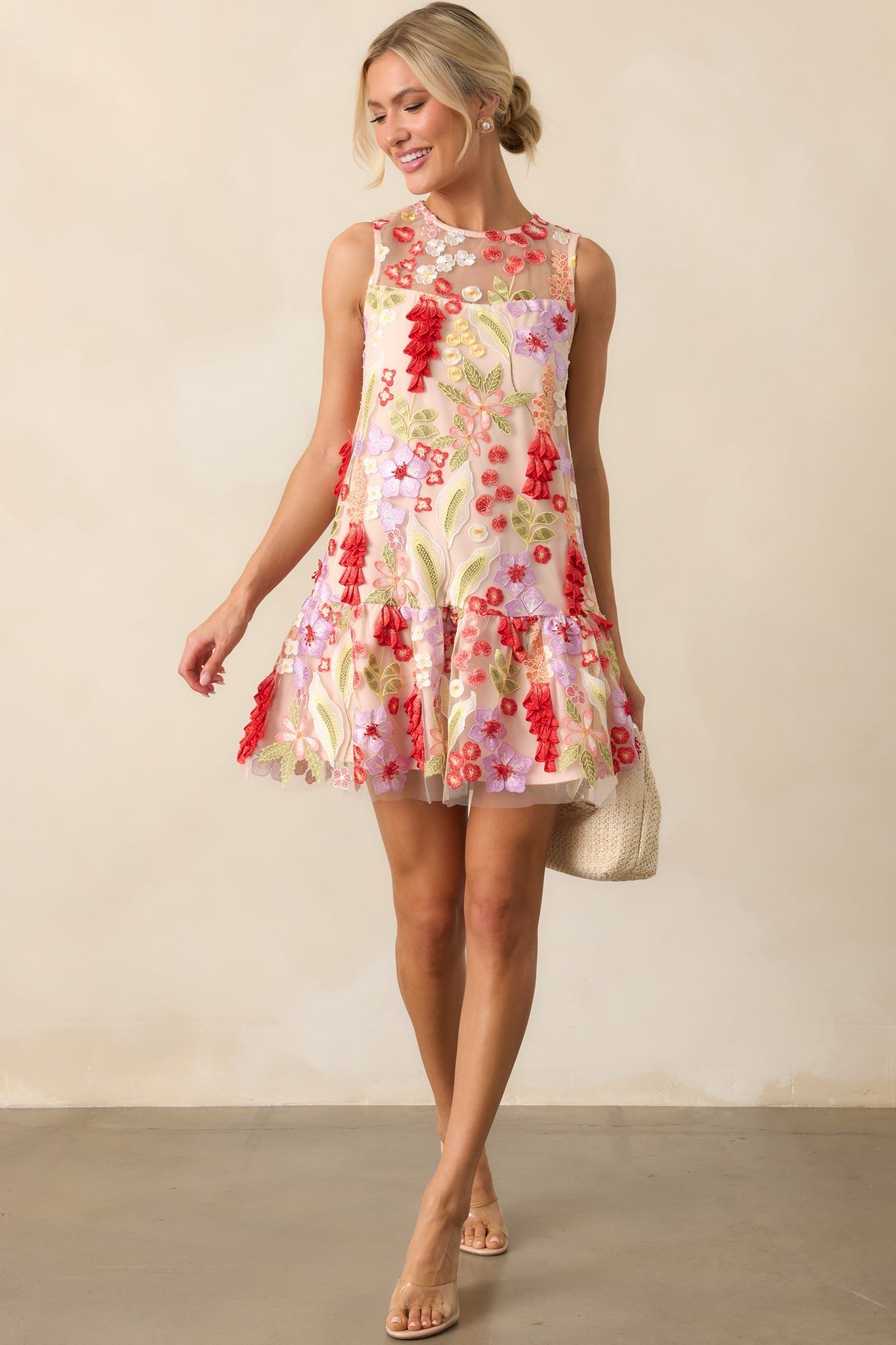 Just Can't Help It Pink Floral Embroidered Sleeveless Mini Dress