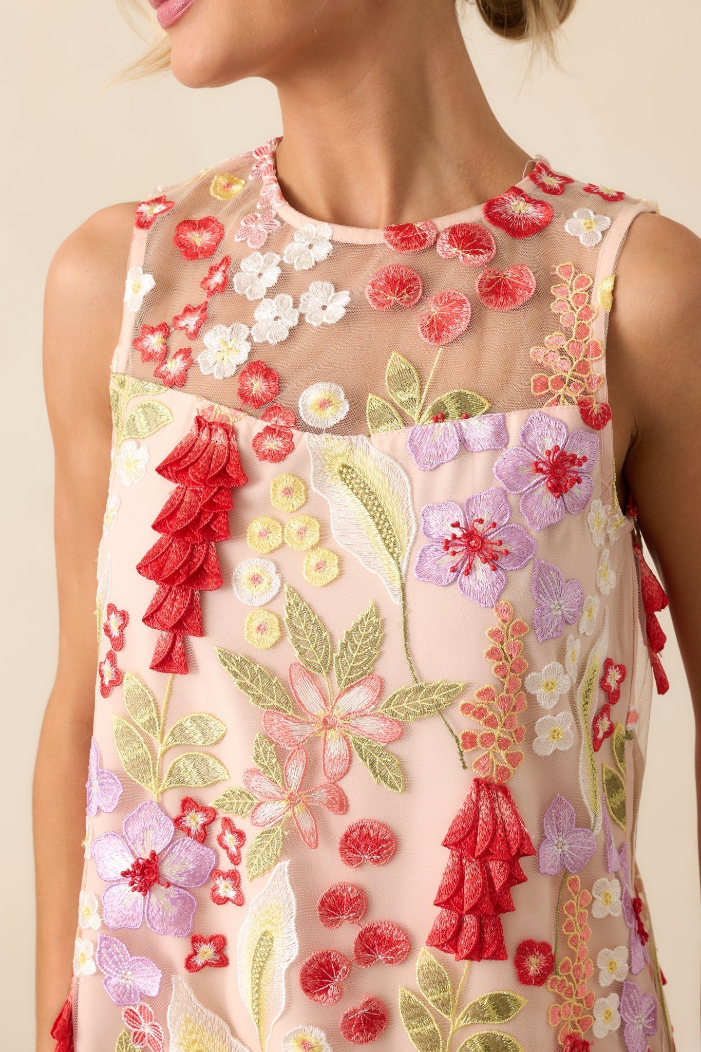 Just Can't Help It Pink Floral Embroidered Sleeveless Mini Dress