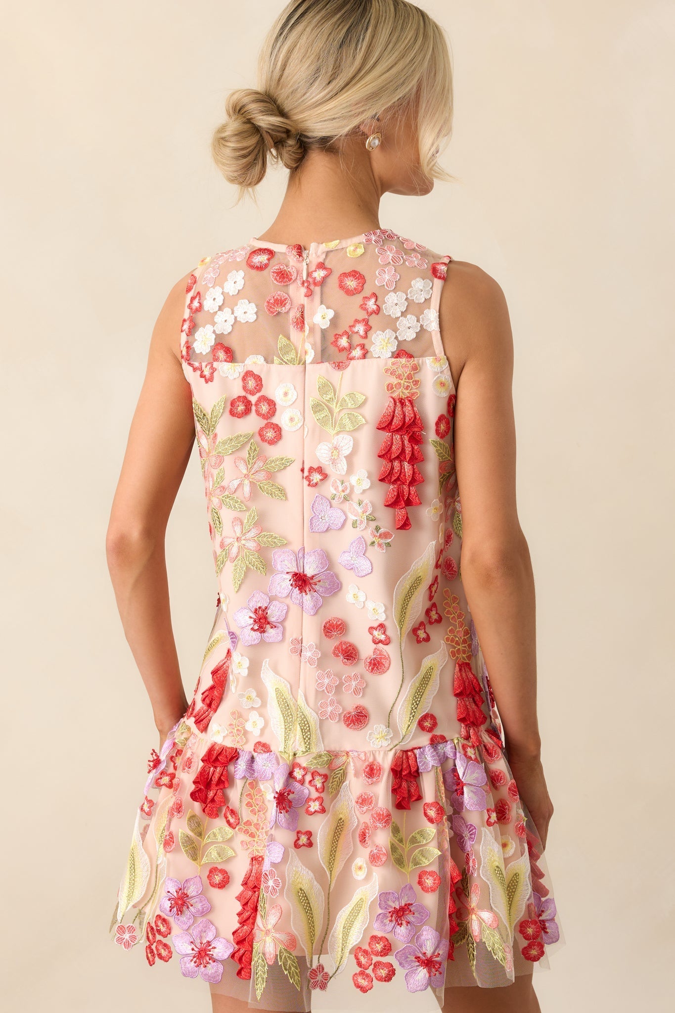 Just Can't Help It Pink Floral Embroidered Sleeveless Mini Dress