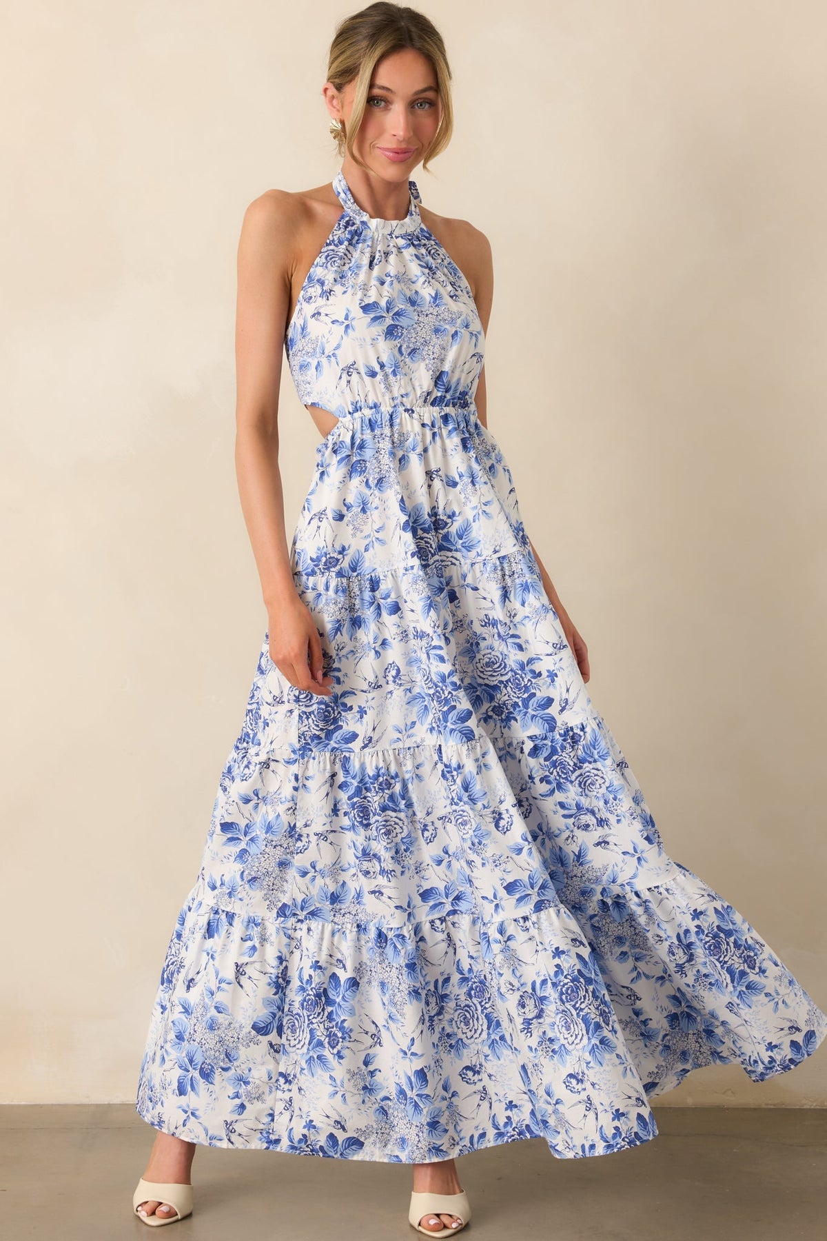 Secret Garden Blue Floral Cotton Halter Maxi Dress