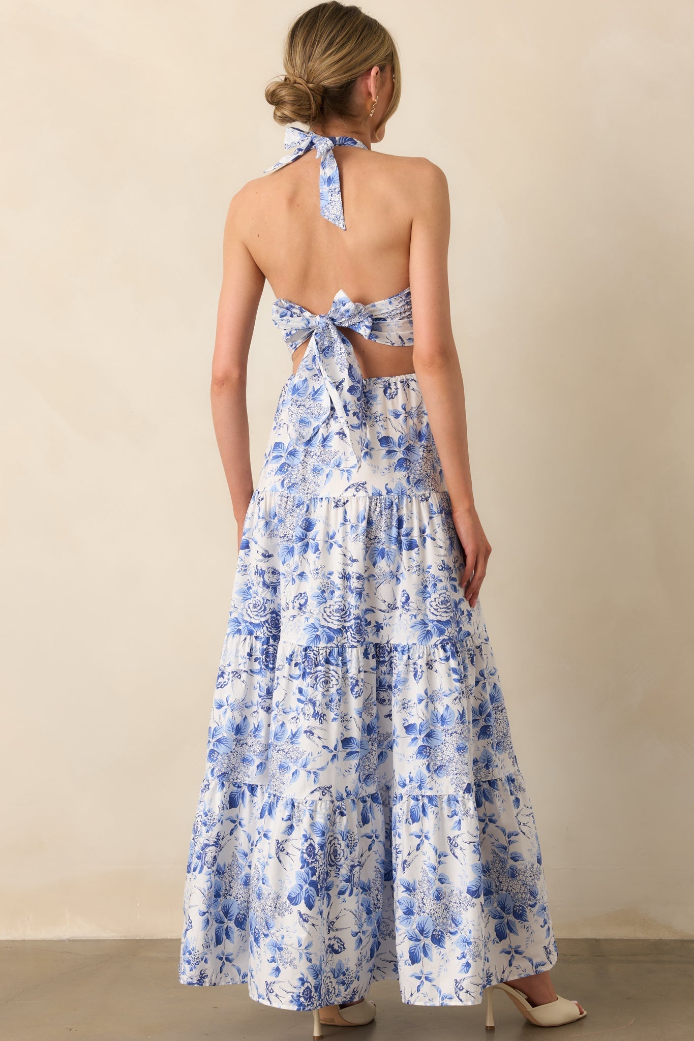 Secret Garden Blue Floral Cotton Halter Maxi Dress