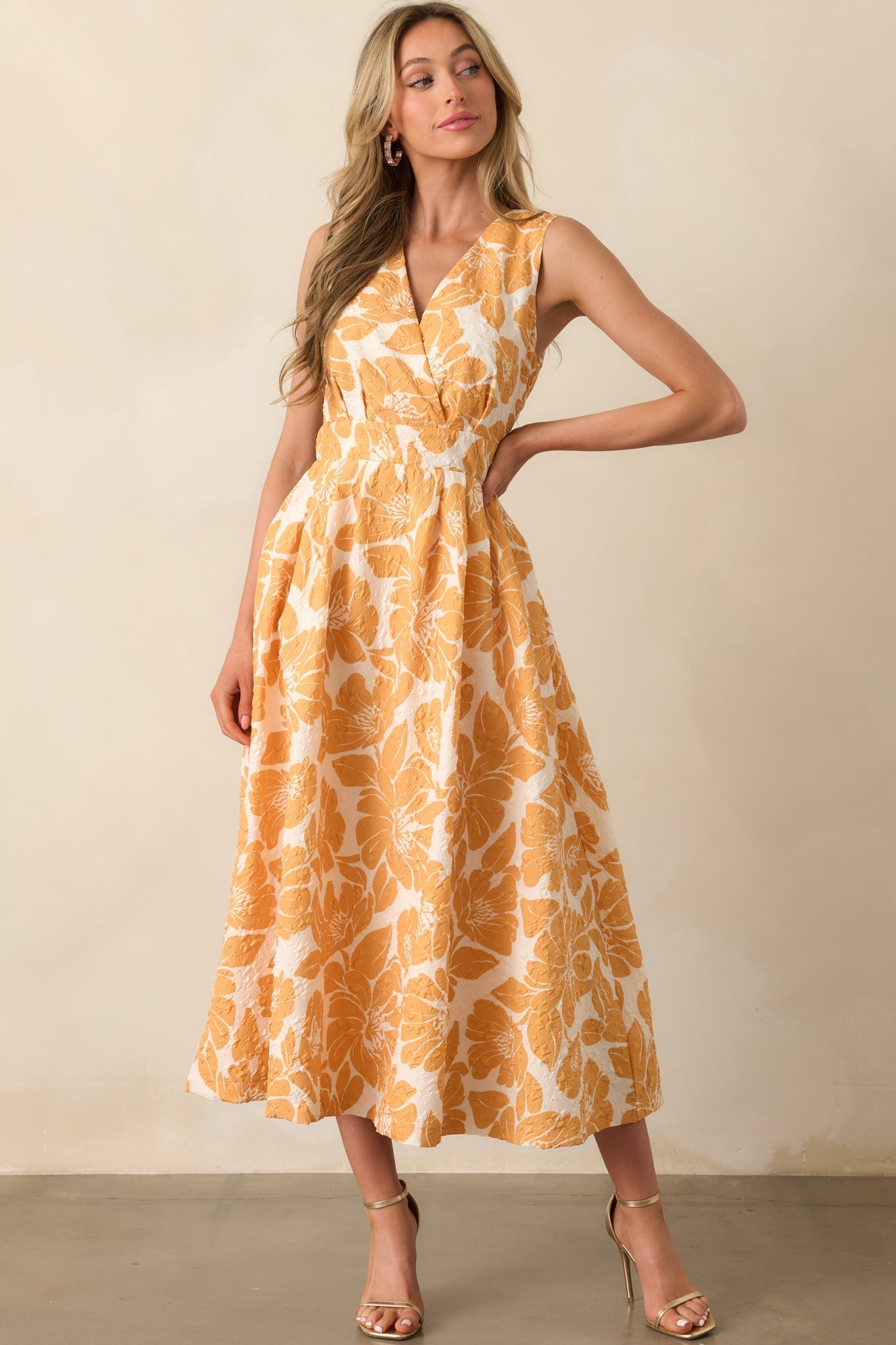Sunkissed Society Orange Floral Jacquard Midi Dress