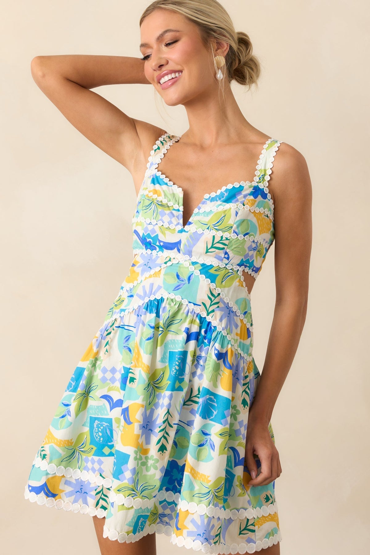 Sunshine Lives Here Blue Tropical Print Cotton Mini Dress