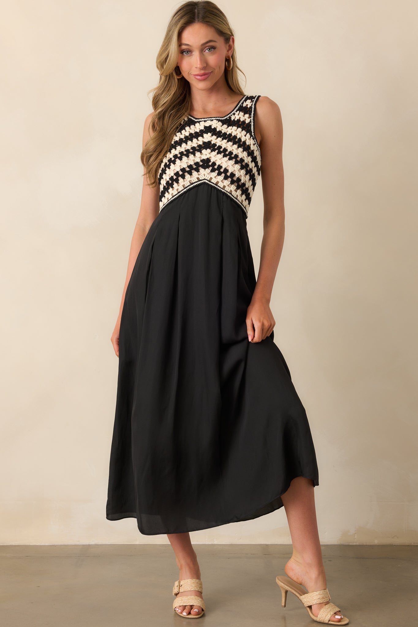 At This Point Black Diagonal Stripe Cotton Crochet Maxi Dress