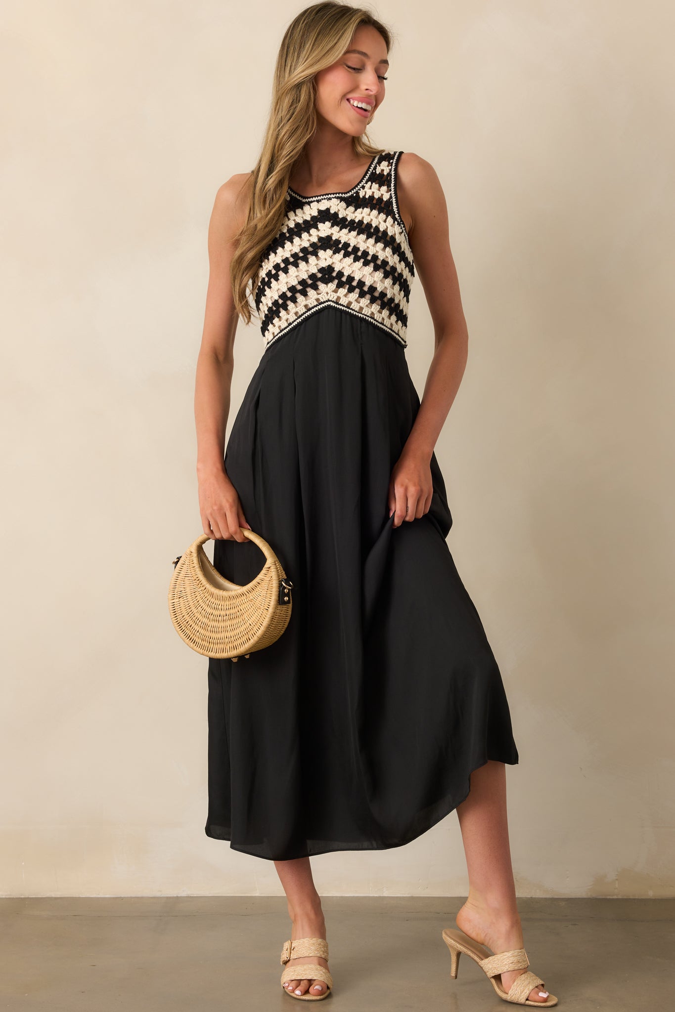 At This Point Black Diagonal Stripe Cotton Crochet Maxi Dress