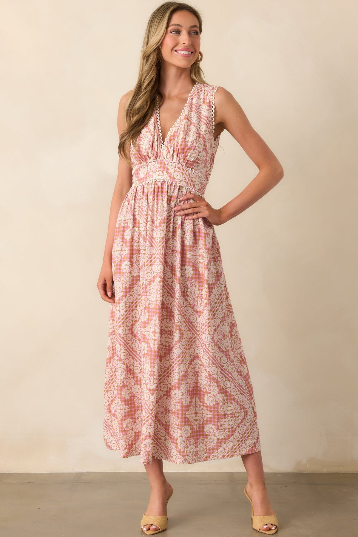 In Light Of It All Rose Pink Floral Gingham Maxi Dress