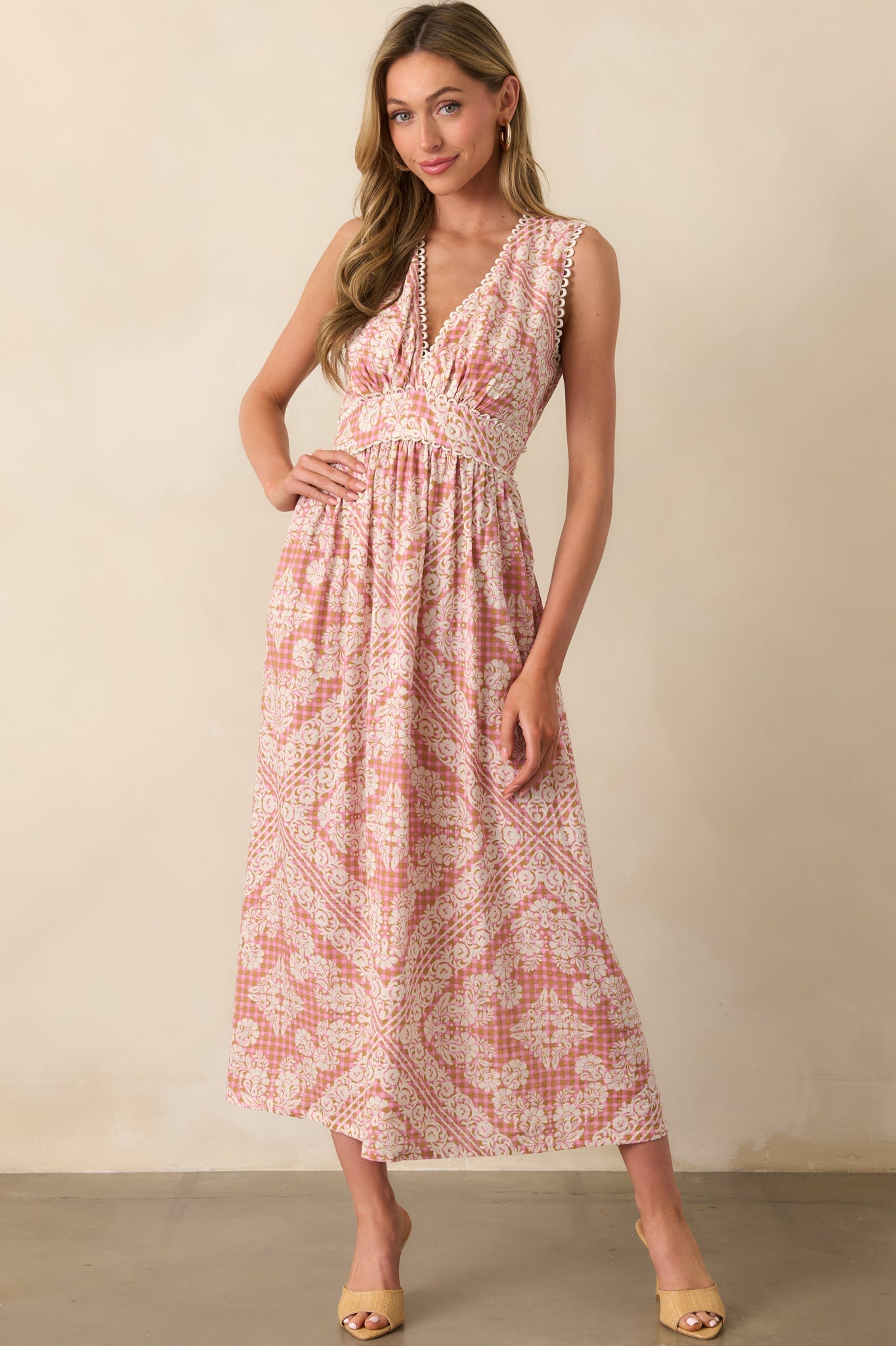 In Light Of It All Rose Pink Floral Gingham Maxi Dress