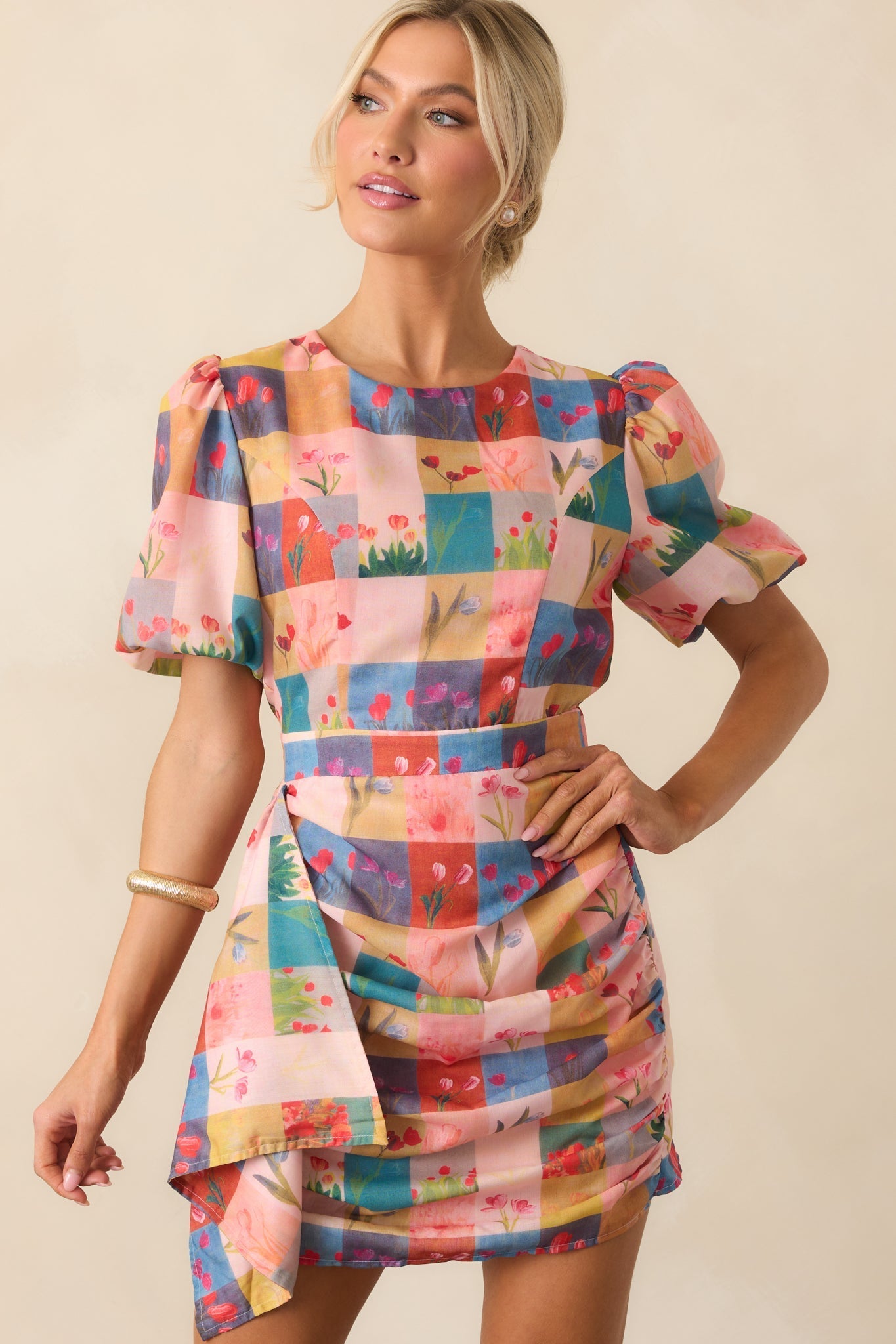 More Than Meets The Eye Blush Pink Floral Plaid Mini Dress