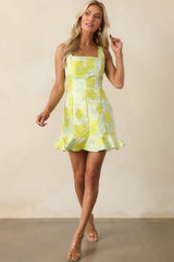 Sweet Like Honey Yellow Green Floral Jacquard Mini Dress