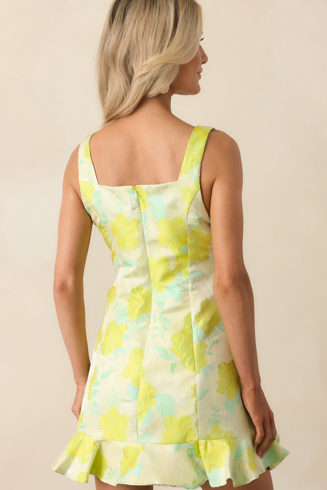 Sweet Like Honey Yellow Green Floral Jacquard Mini Dress