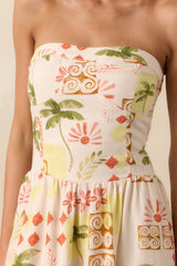 Live For The Moment Beige Tropical Print Linen Strapless Midi Dress