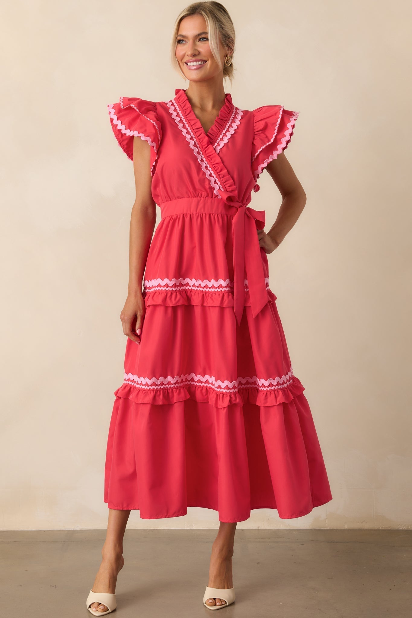 Nothing In Particular Red Flutter Sleeve Ruffle Maxi Dress