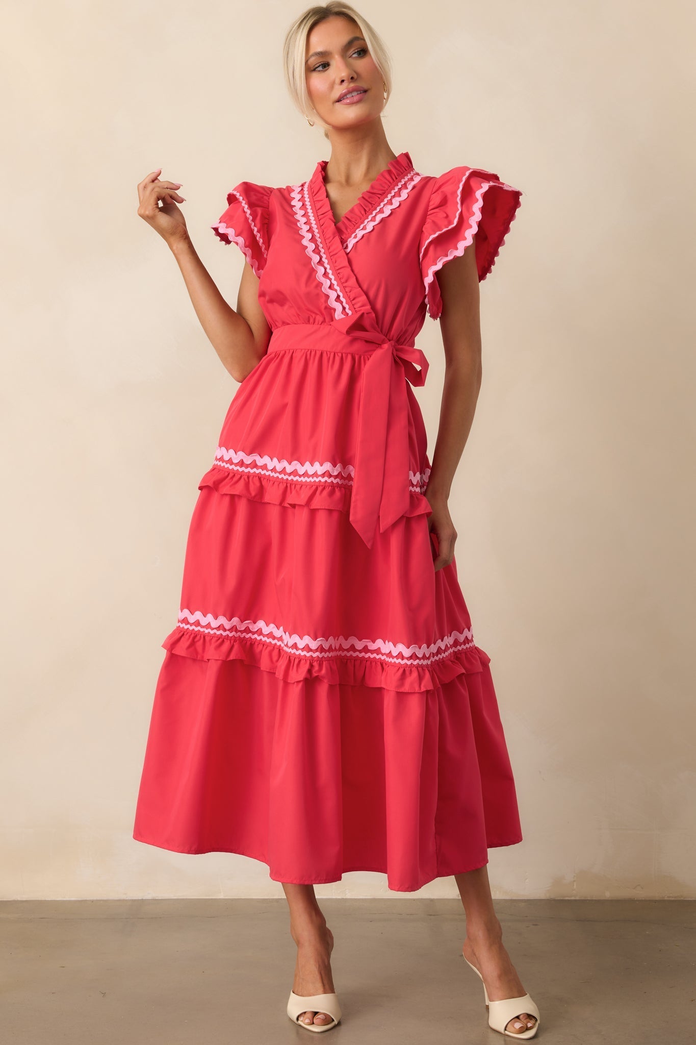 Nothing In Particular Red Flutter Sleeve Ruffle Maxi Dress