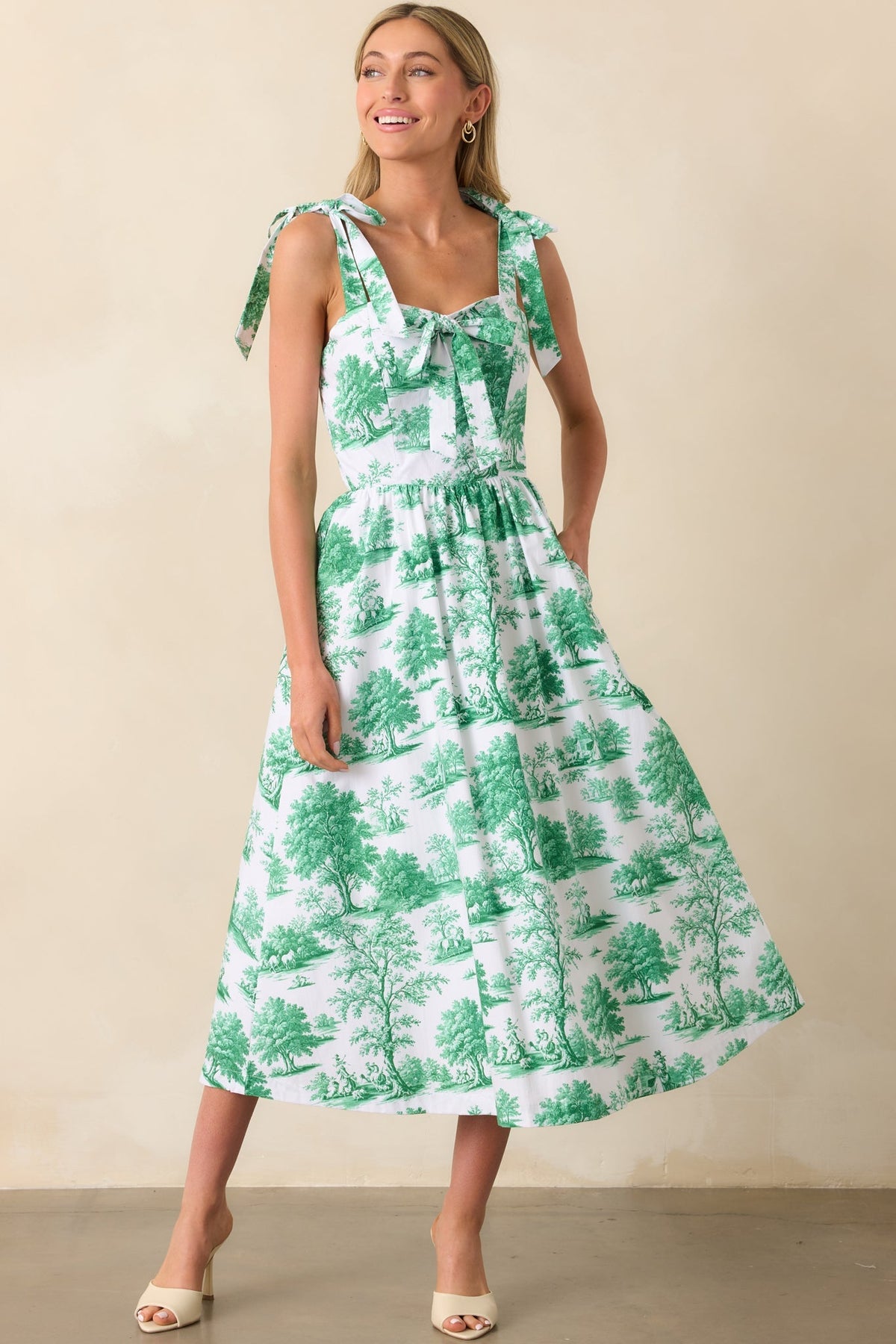 Juli Anna Eden Green Toile Cotton Midi Dress