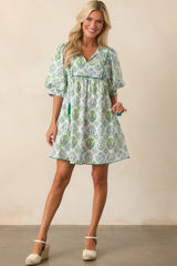 A Little Something Green Geometric Floral Cotton Mini Dress