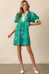 Sweet Escape Green Floral Cotton Puff Sleeve Mini Dress