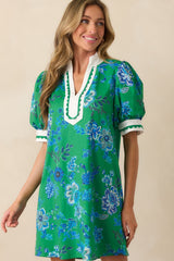 Sweet Escape Green Floral Cotton Puff Sleeve Mini Dress