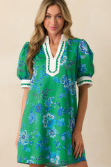 Sweet Escape Green Floral Cotton Puff Sleeve Mini Dress