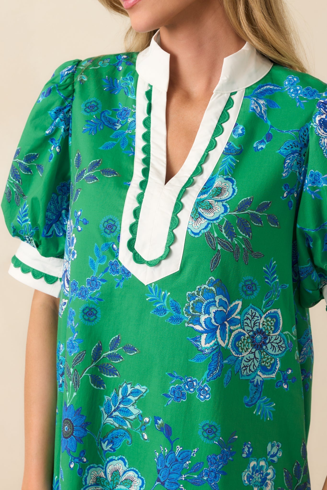 Sweet Escape Green Floral Cotton Puff Sleeve Mini Dress