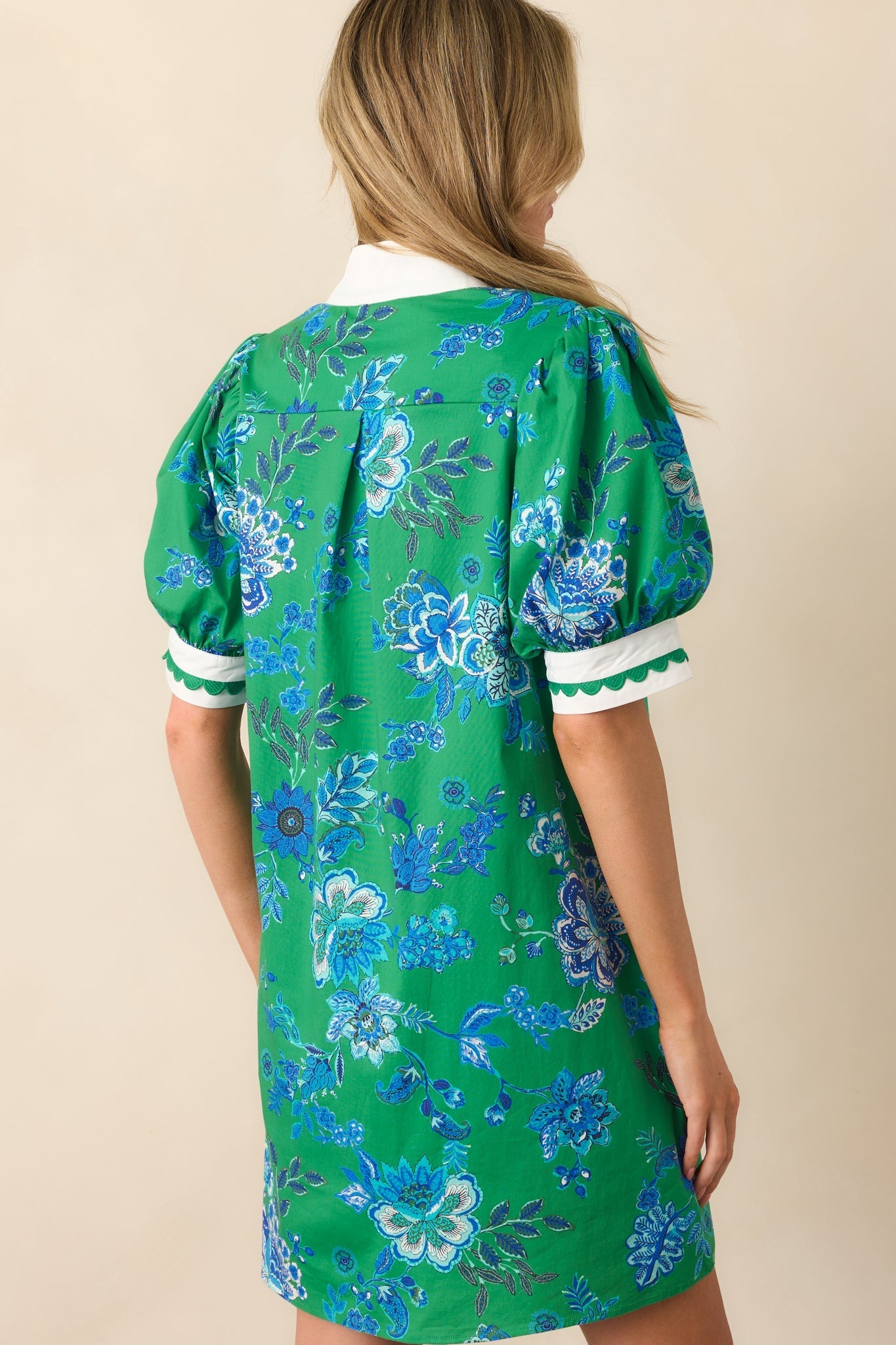 Sweet Escape Green Floral Cotton Puff Sleeve Mini Dress