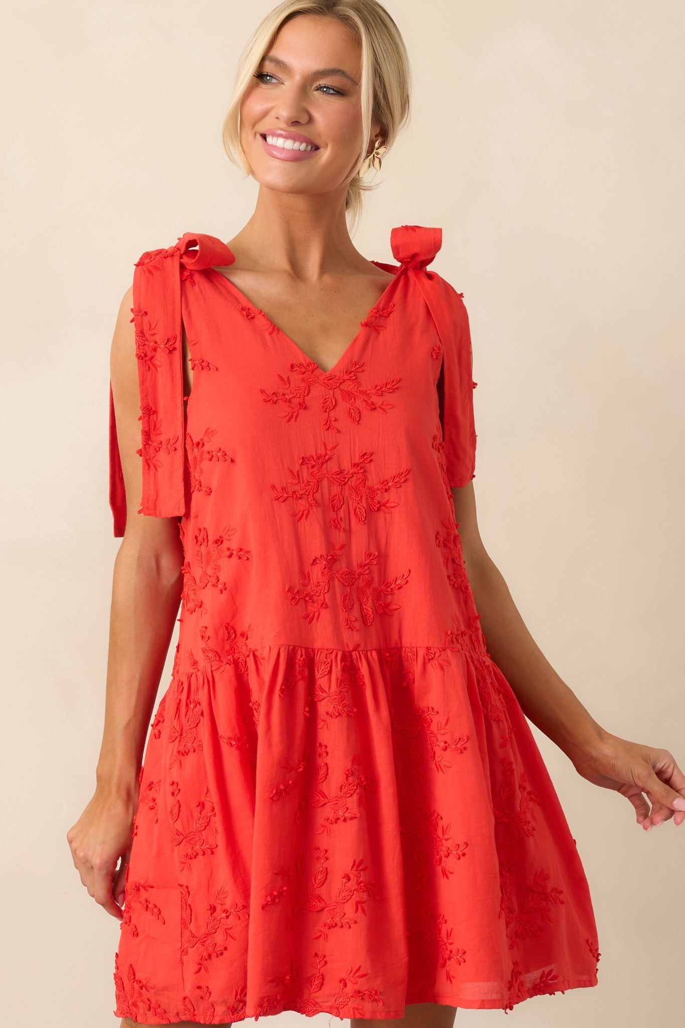 Holding Things Together Red Floral Embroidered Cotton Mini Dress