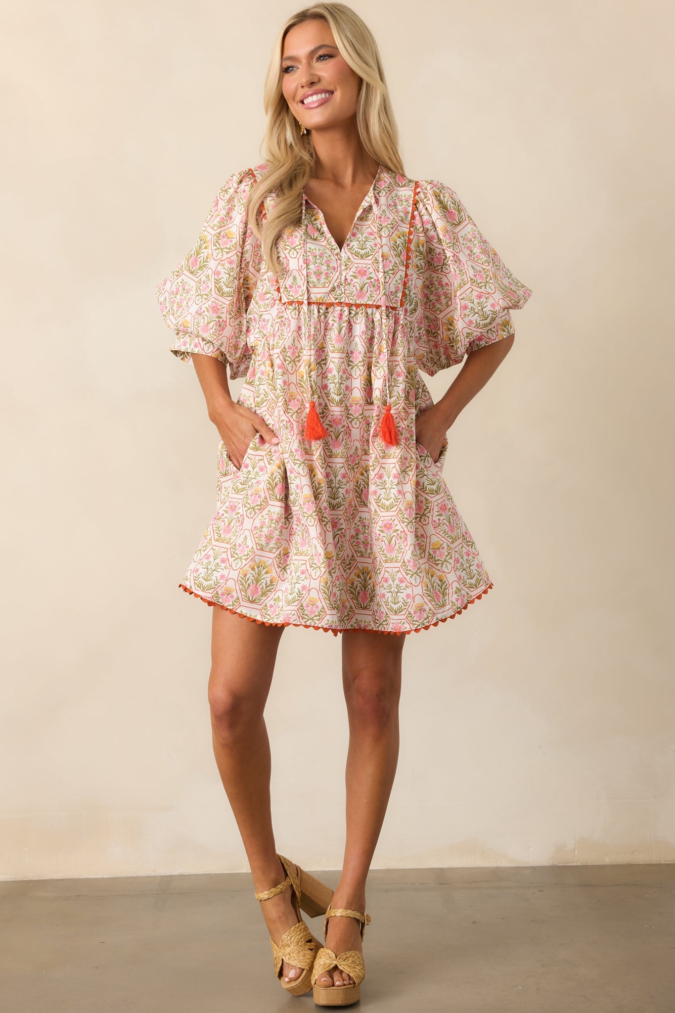 A Little Something Orange Geometric Floral Cotton Mini Dress