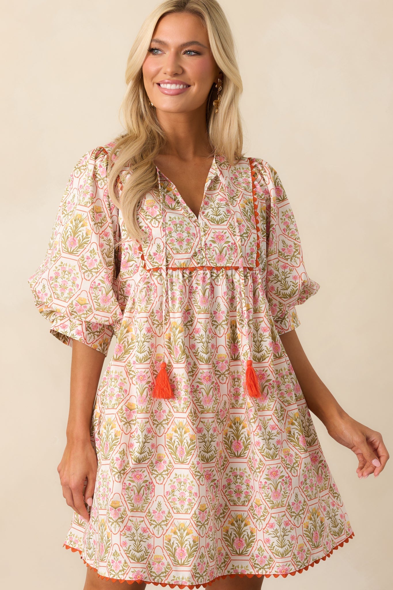 A Little Something Orange Geometric Floral Cotton Mini Dress