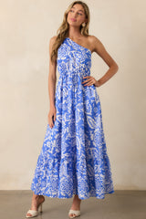 To Brighter Days Violet Blue Floral Cotton One Shoulder Maxi Dress
