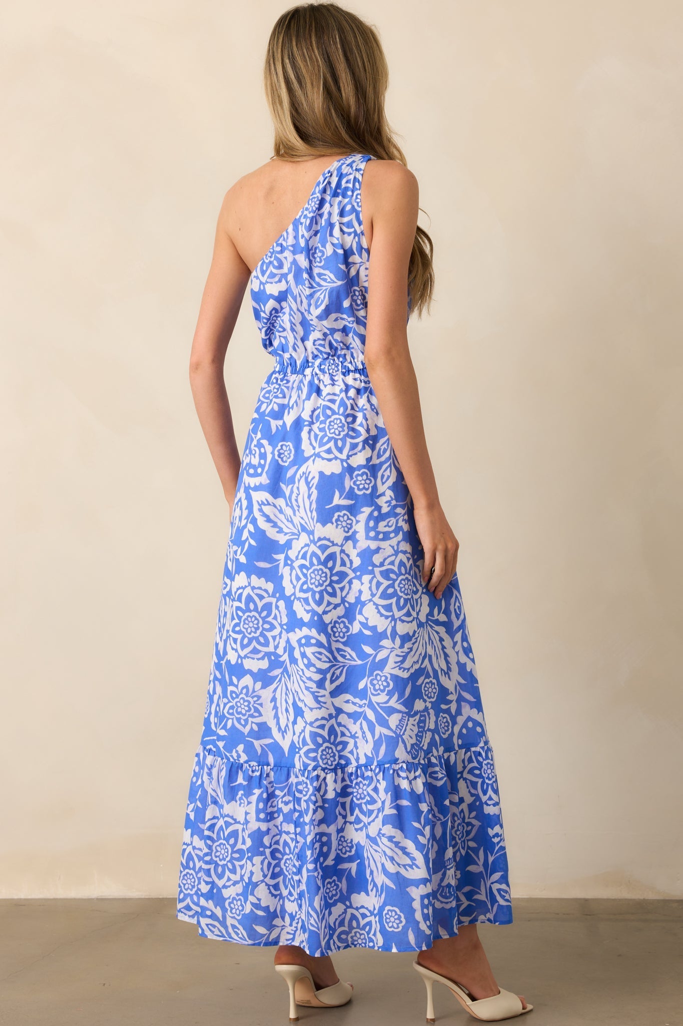 To Brighter Days Violet Blue Floral Cotton One Shoulder Maxi Dress