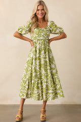 In The Right Places Chartreuse Green Floral Midi Dress