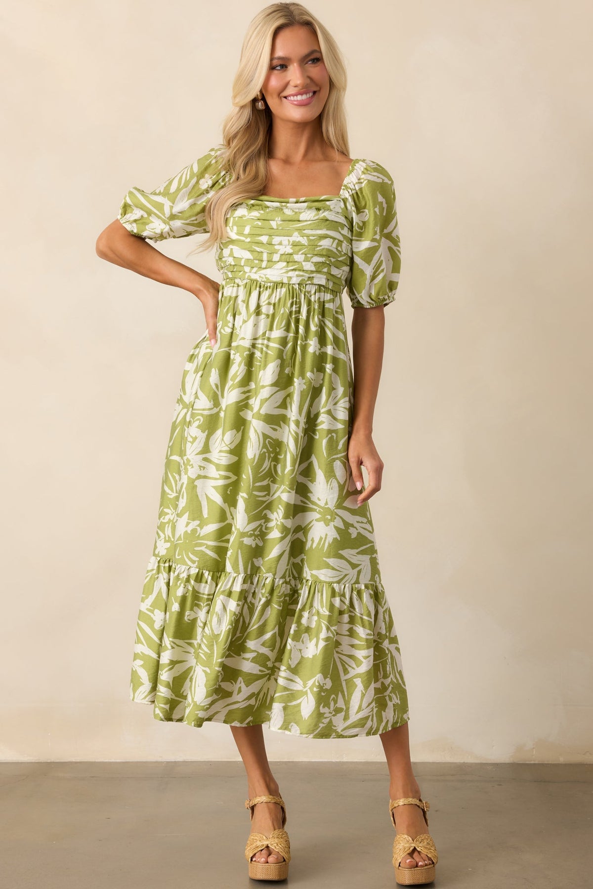 In The Right Places Chartreuse Green Floral Midi Dress