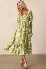 In The Right Places Chartreuse Green Floral Midi Dress