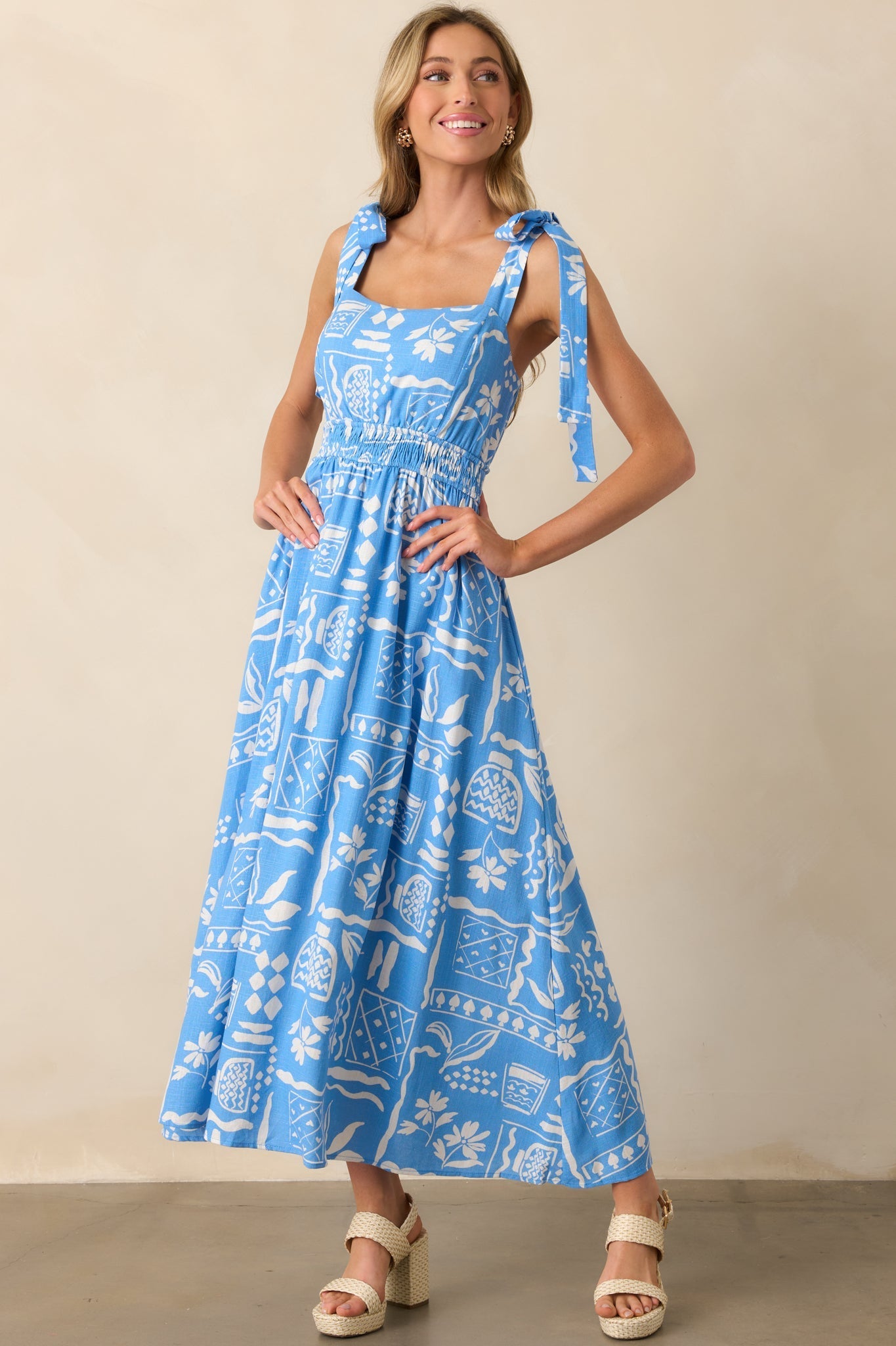 For The Fun Of It Blue Tropical Print Maxi Dress