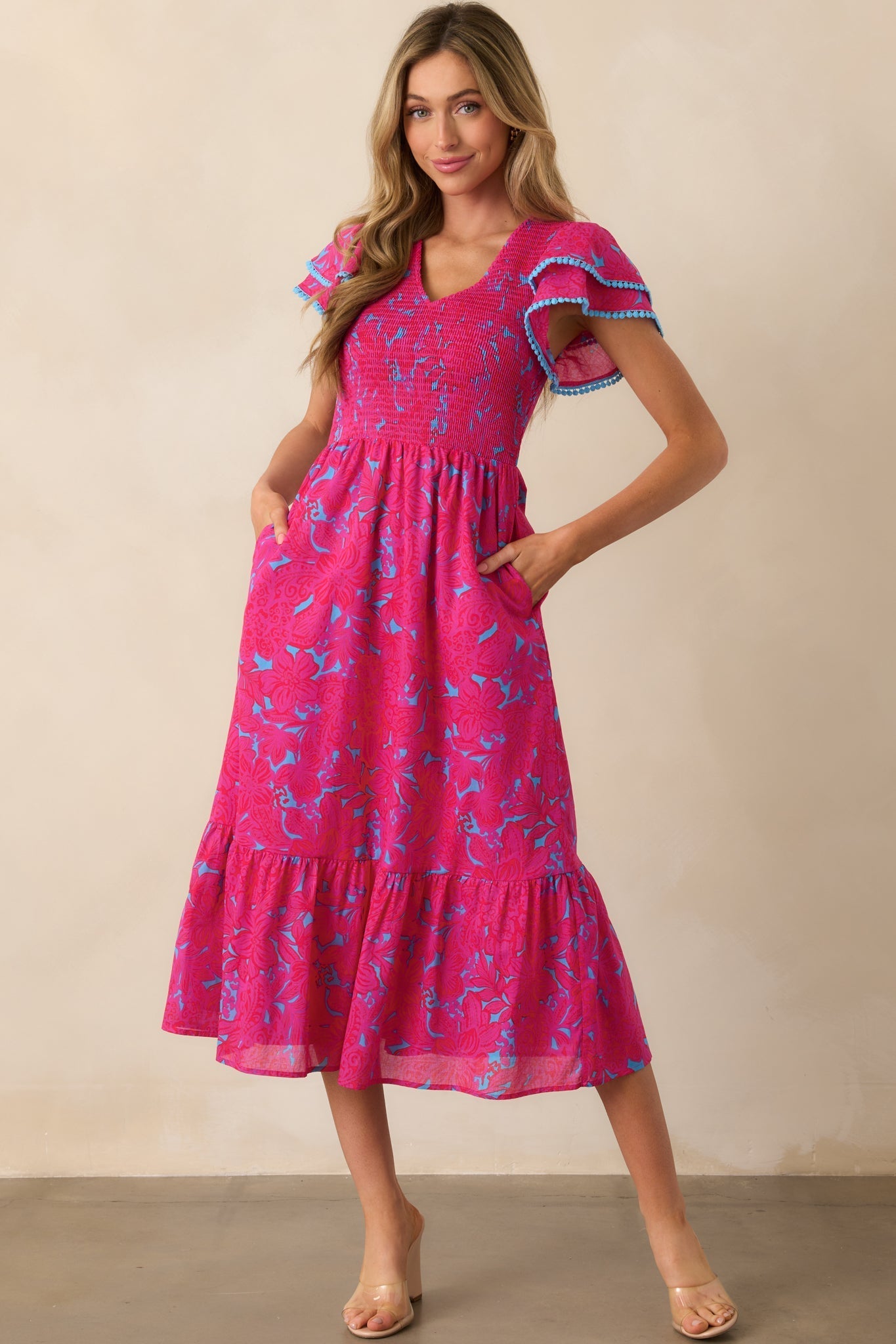 Never A Dull Moment Fuchsia Floral Cotton Midi Dress