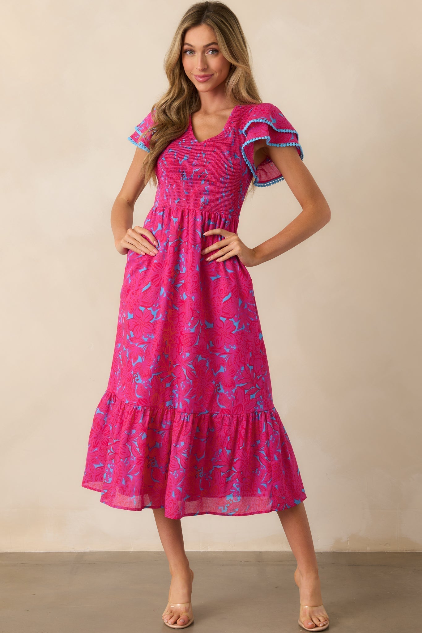 Never A Dull Moment Fuchsia Floral Cotton Midi Dress
