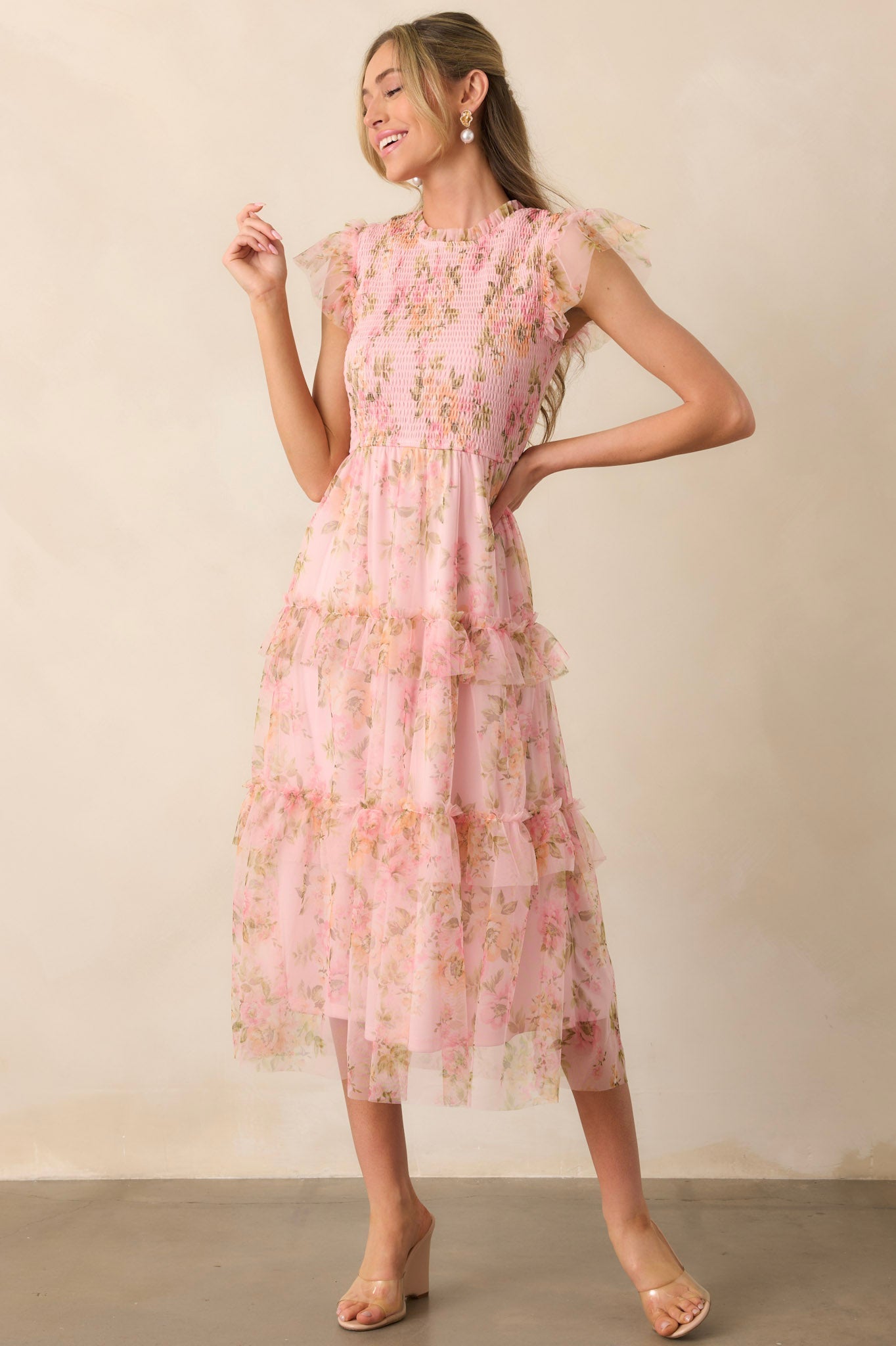 Sunrise Soiree Pink Floral Flutter Sleeve Midi Dress