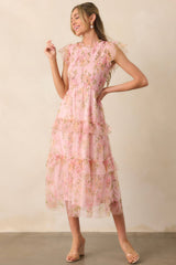 Sunrise Soiree Pink Floral Flutter Sleeve Midi Dress