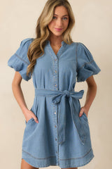 Rooftop Soiree Light Wash Denim Button Front Mini Dress