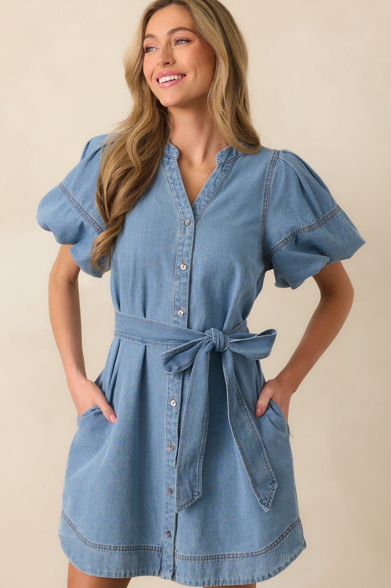 Rooftop Soiree Light Wash Denim Button Front Mini Dress