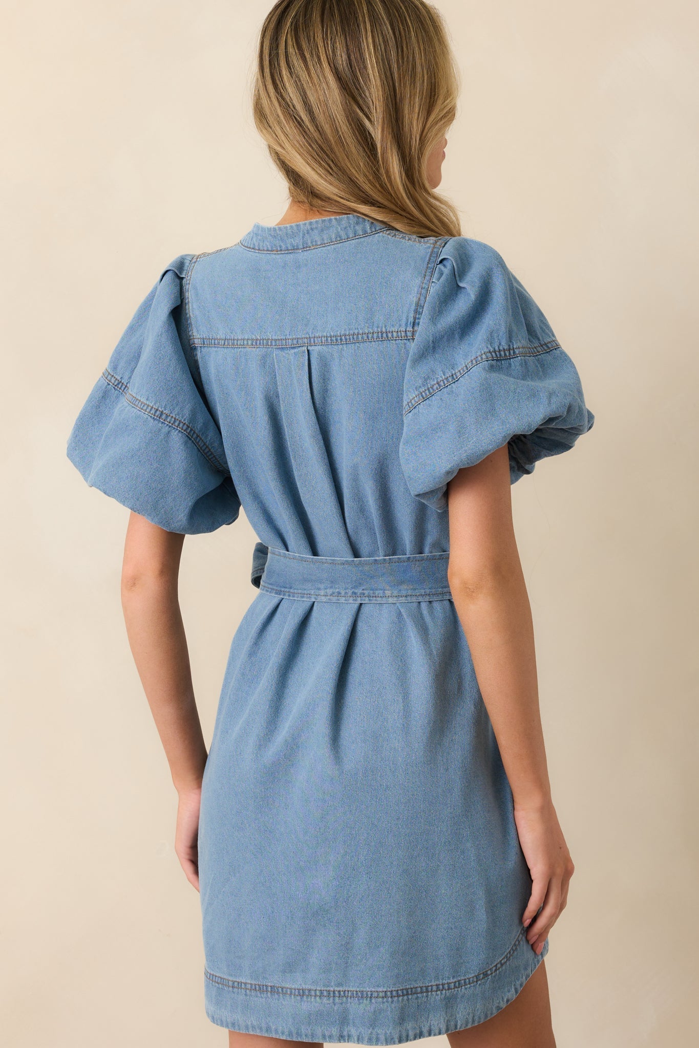 Rooftop Soiree Light Wash Denim Button Front Mini Dress